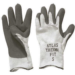A pair of small Atlas Therma-Fit insulated gloves featuring a white cotton knit back and a textured gray rubber palm coating.