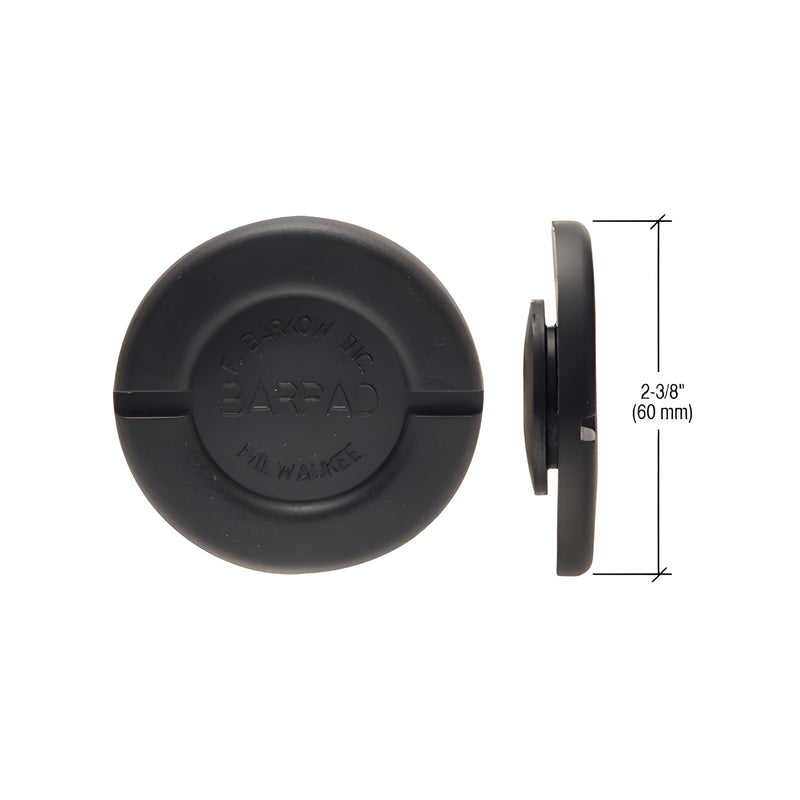 A front and side view of a black circular neoprene rubber snap-in barpad measuring 2-3/8 inches in diameter.