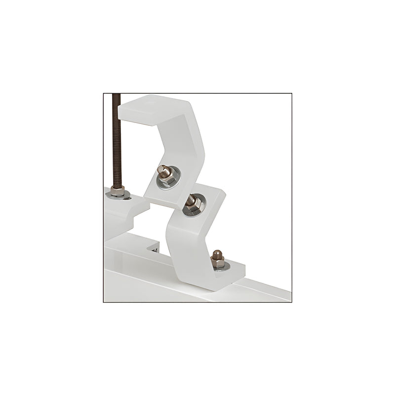 A white angled support assembly component with metal hardware used for the SPS system.