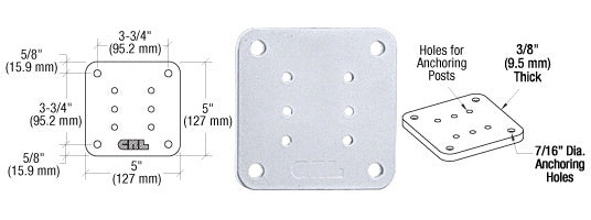 A technical diagram and top-down view of a 5-inch square aluminum base plate with pre-drilled anchoring holes.