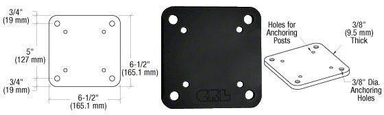 A technical diagram and product view of a 6-1/2 inch square aluminum base plate in matte black finish with pre-drilled anchoring holes.