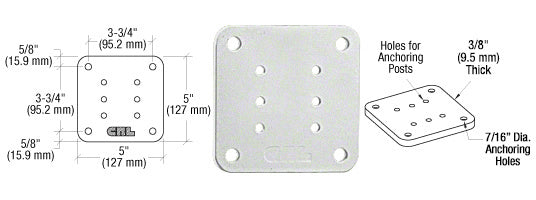 A technical diagram and top-down view of a 5-inch square aluminum base plate with multiple anchoring holes.