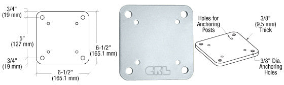 A technical diagram and product view of a square aluminum base plate with pre-drilled anchoring holes.