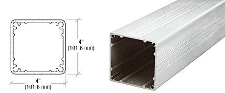 A technical diagram and perspective view showing the 4-inch square profile of the silver metallic aluminum post.