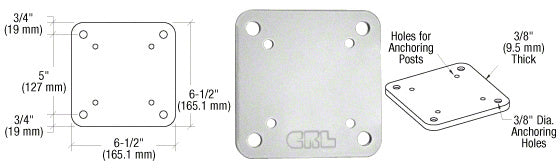 A technical diagram showing the dimensions and anchoring hole layout of the CRL metallic silver square aluminum base plate.