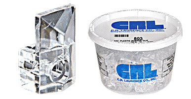 A close-up of a clear plastic square beveled mirror clip next to a bulk container of the same clips.