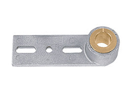 A silver-colored metal top door rail pivot arm featuring a brass-toned bushing insert for a 19/32" diameter pin.