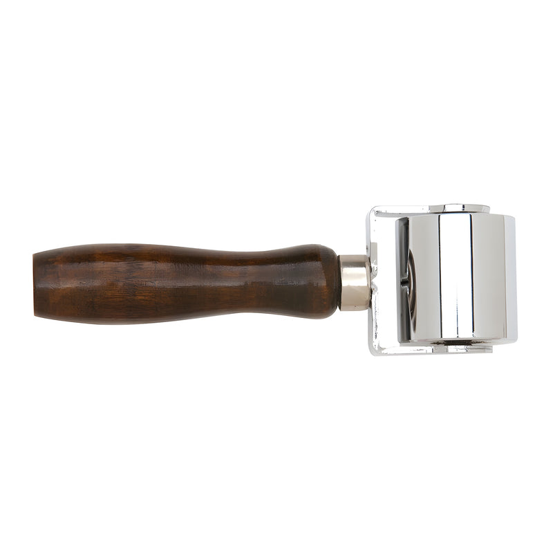 A side view of the CRL steel flat edge roller showing the wooden handle and 2-inch wide metal wheel.