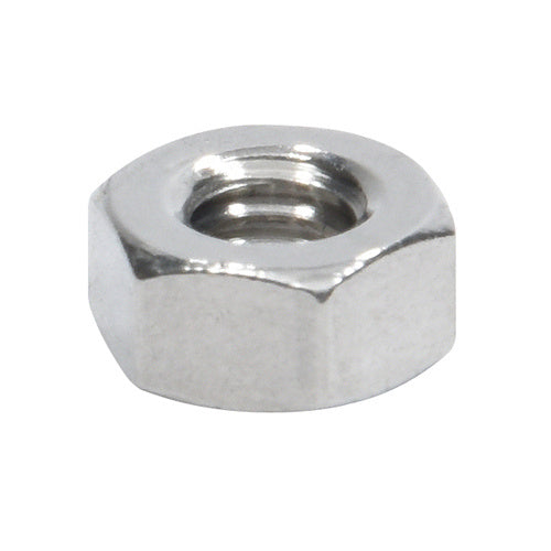 A close-up view of a silver-colored steel hexagon nut with a 1/4"-20 threaded opening.