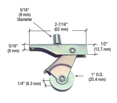 A technical diagram showing the dimensions of a steel center groove sliding screen door roller with a 1-inch wheel.