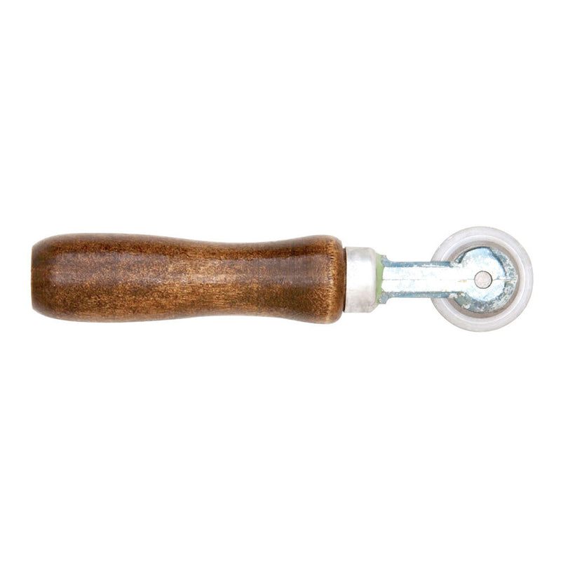 A spline roller tool with a wooden handle and a 1-1/2 inch steel wheel.