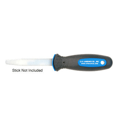 A close-up view of a black and blue ergonomic replacement handle for a glazing stick tool.