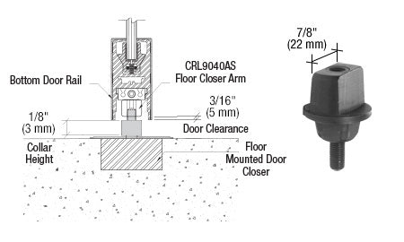 A technical diagram showing the installation of a tapered floor closer spindle with a 1/8 inch collar height and a standalone view of the aluminum spindle.