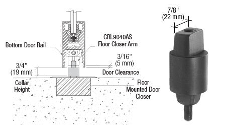 A technical diagram showing the installation of a floor mounted door closer spindle alongside a standalone view of the tapered aluminum spindle.