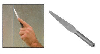 A hand uses a flat, flexible stainless steel spatula to apply sealant to a joint alongside a standalone view of the tool.