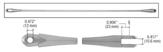 A technical diagram showing a tension rod with two end fittings and detailed dimensional measurements for the hardware.