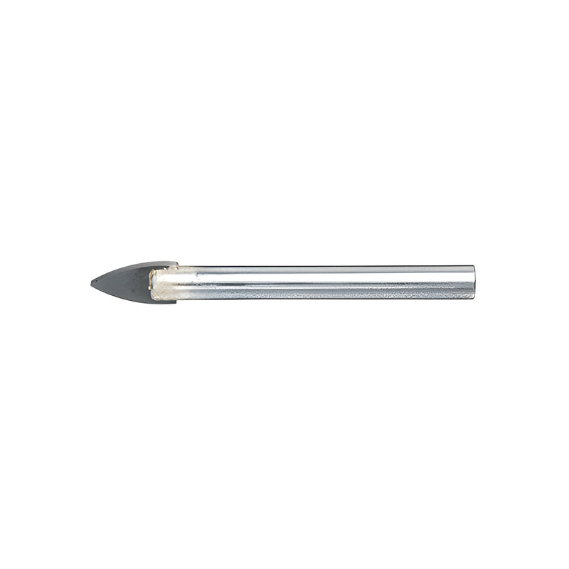 A close-up view of a carbide-tipped glass drill bit with a round shank.