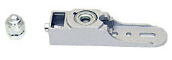 A metal side-load arm pivot set with a separate mounting nut for threshold installation.