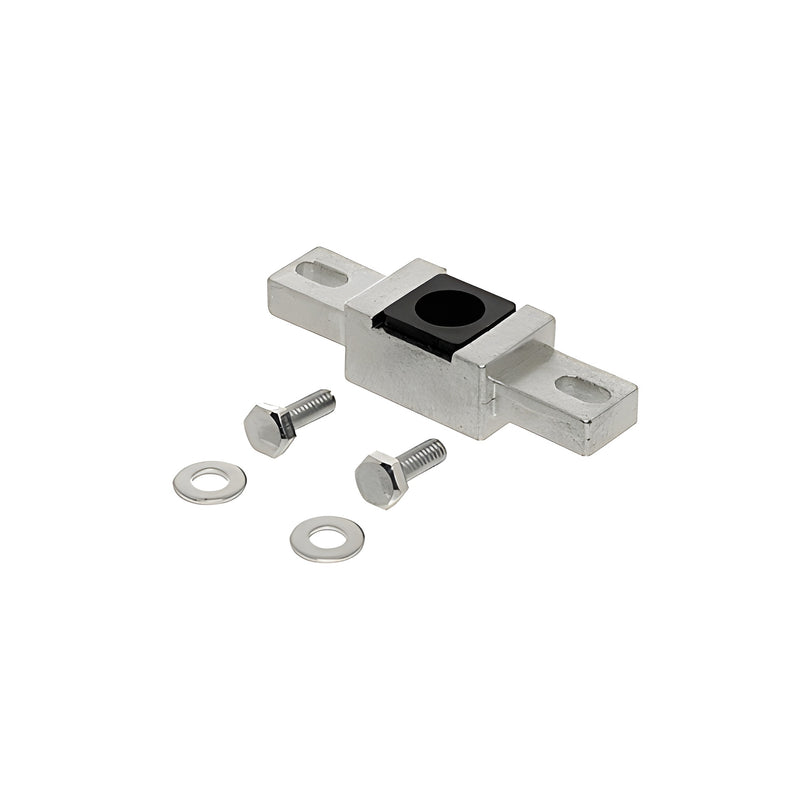 A metal top low profile pivot insert with a black center bushing, two hex bolts, and two washers.