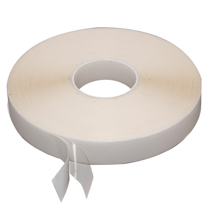 A single roll of translucent acrylic adhesive tape with a protective liner partially peeled back.