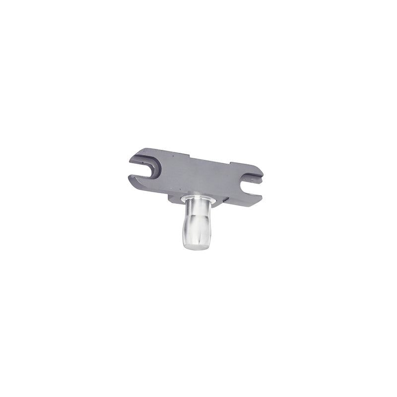A metal CRL transom patch top pivot insert shown with its central pin and mounting bracket.