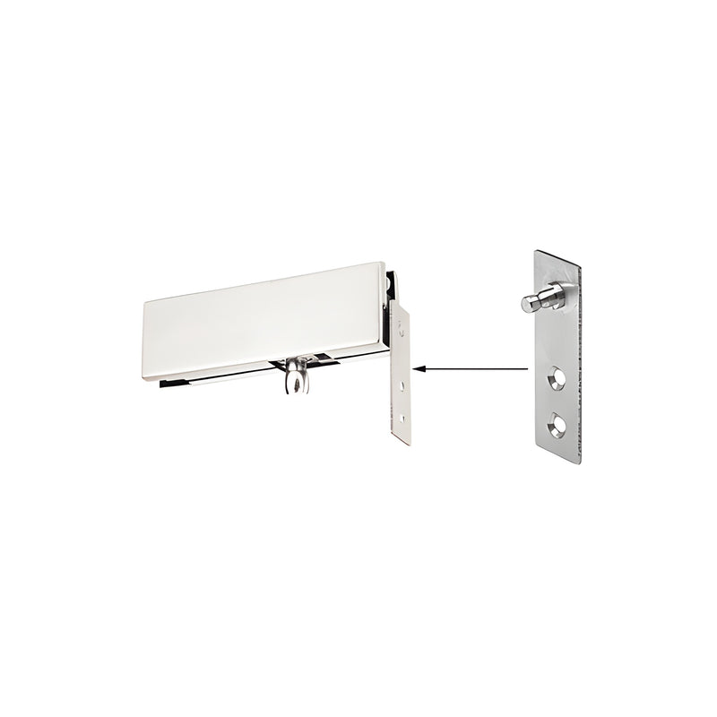 A brushed stainless steel CRL transom patch wall bracket shown with its mounting plate and pivot pin.