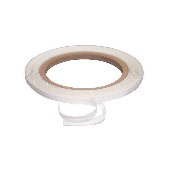 A single roll of clear acrylic adhesive tape with a protective backing strip partially peeled away.