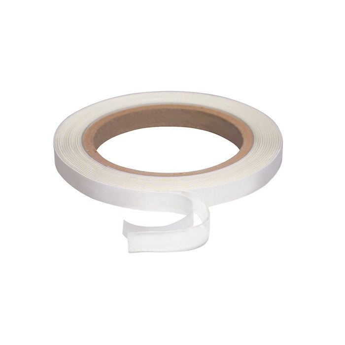 A single roll of clear acrylic adhesive tape with a protective backing partially peeled away.