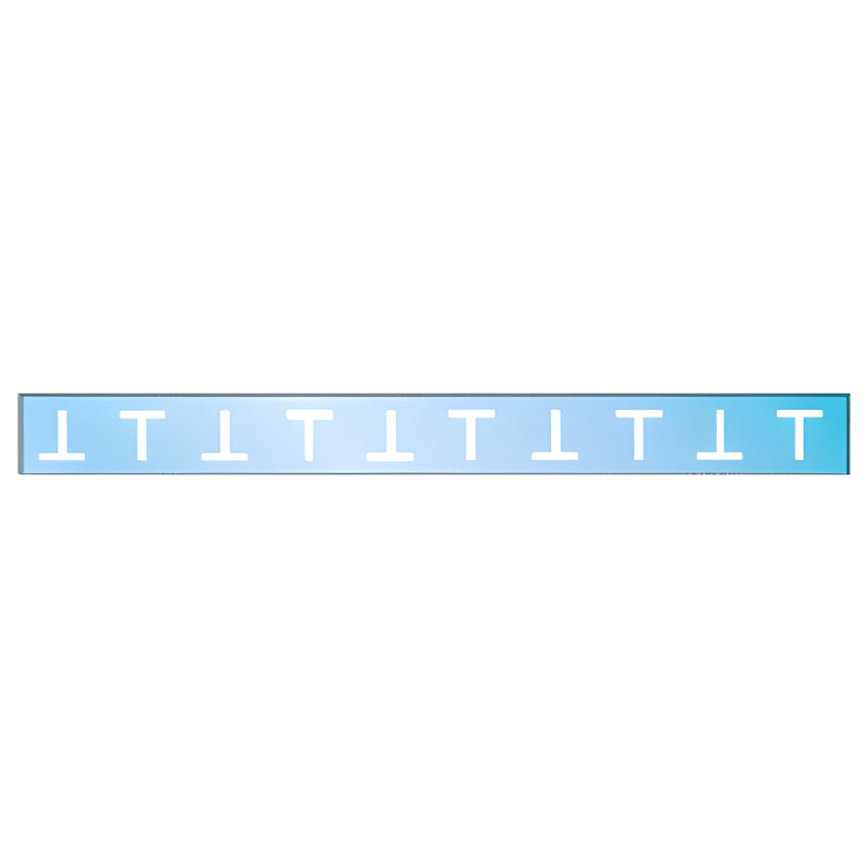 A horizontal adhesive strip featuring a repeating white T-pattern on a light blue background for glass safety applications.