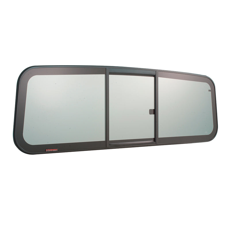 A three-panel Tri-Vent slider window with solar glass designed for Navistar conventional cabs.