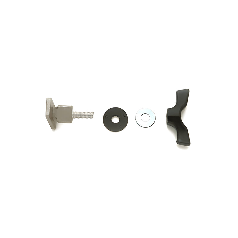 A left-hand truck rack bolt, black rubber washer, metal washer, and black wing nut arranged in a row.