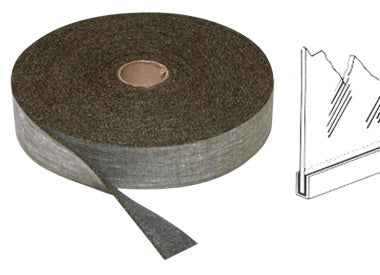 A roll of black cork and rubber glass setting tape shown next to a diagram illustrating its use in a glass channel.