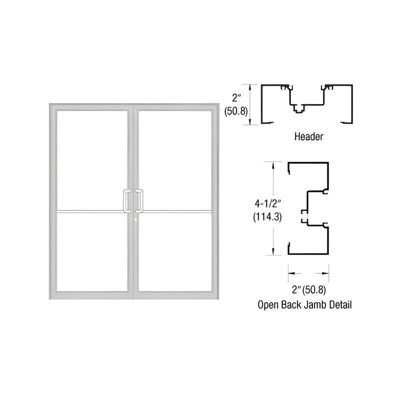 Technical diagram showing a double door elevation alongside cross-section profiles for a header and open back jamb in Clear Anodized Class 1 finish.