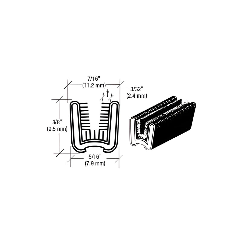 A technical diagram and perspective view showing the dimensions and profile of the black universal glass run channel.