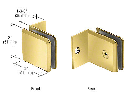 Front and rear views of an unlacquered brass beveled glass clamp with a small leg and mounting screw.