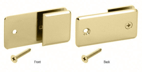 Front and back views of a CRL unlacquered brass inline beveled glass clamp with included mounting screw.
