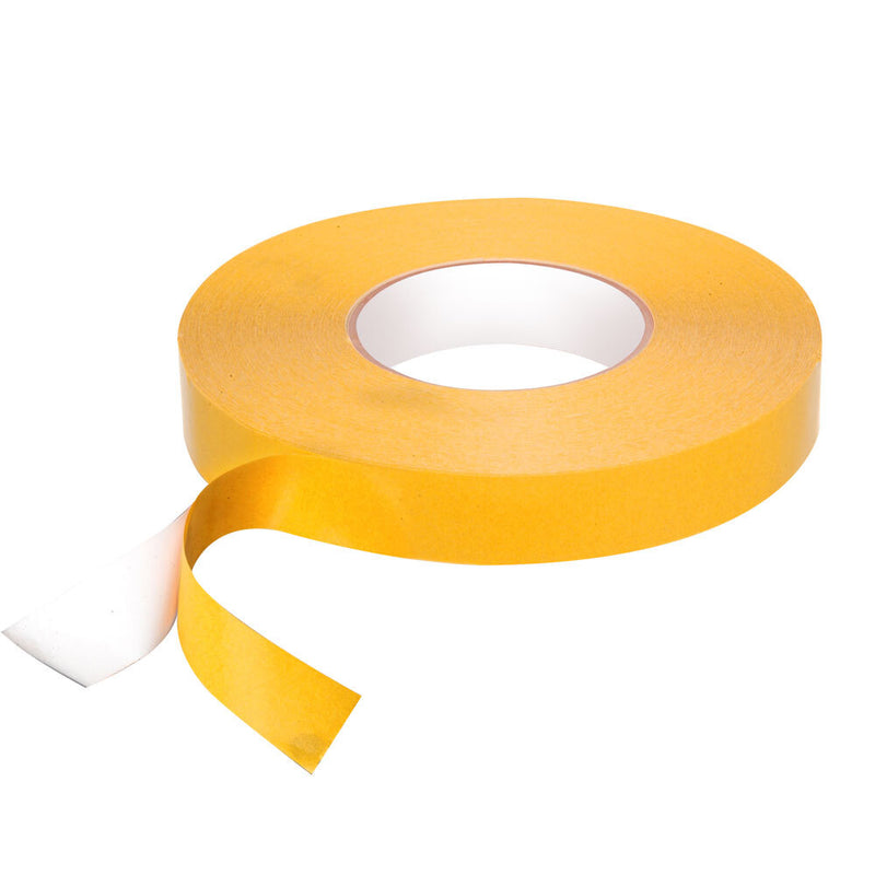 A roll of yellow PVC film tape with a white backing liner shown against a white background.