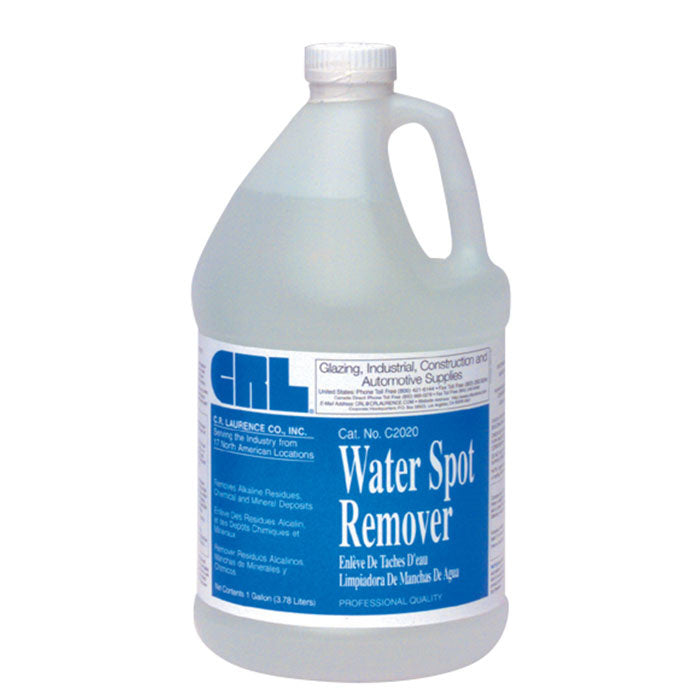 A one-gallon plastic bottle of CRL Water Spot Remover featuring a blue label with product information.