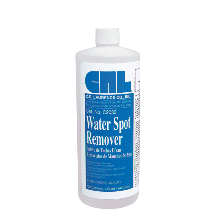 A white plastic quart bottle of CRL Water Spot Remover featuring a blue label with product information.