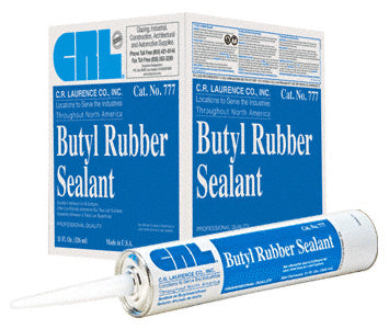 An 11 oz. cartridge of CRL White 777 Butyl Rubber Sealant is displayed in front of its product shipping box.
