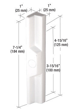 A white aluminum outside pull handle shown with technical dimension lines indicating a 7-1/4 inch body length and mounting hole spacing.