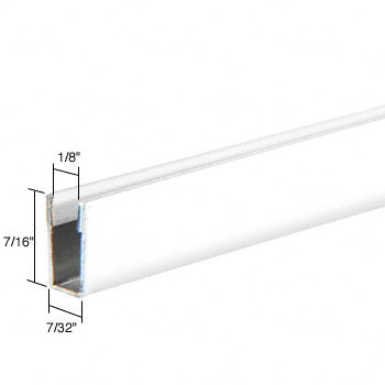 A close-up view of a white aluminum storm window frame showing the 1/8 inch channel opening and 7/32 inch channel width.