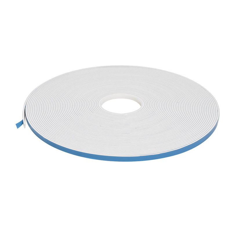 A single roll of white double-sided foam glazing tape with a blue protective liner.