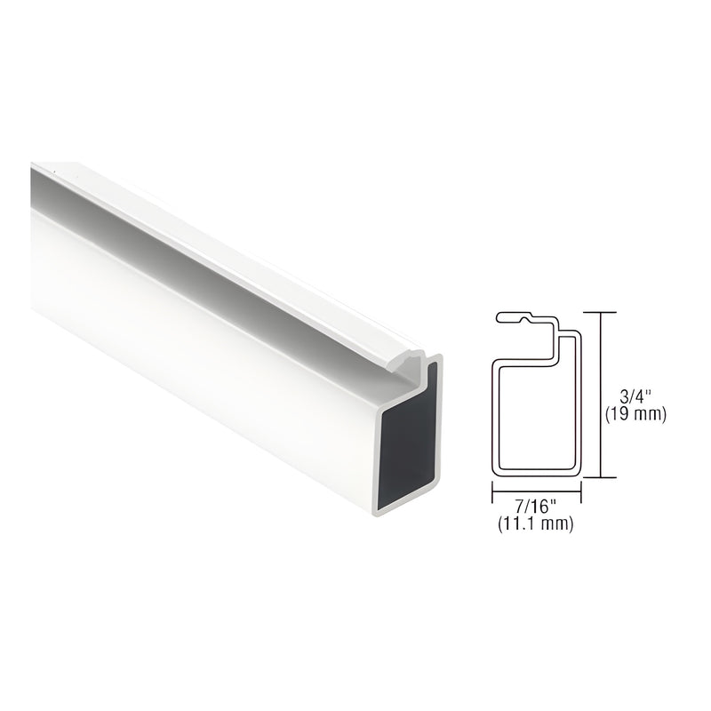 A white extruded screen frame section is shown alongside a technical line drawing indicating its 3/4 inch height and 7/16 inch width dimensions.