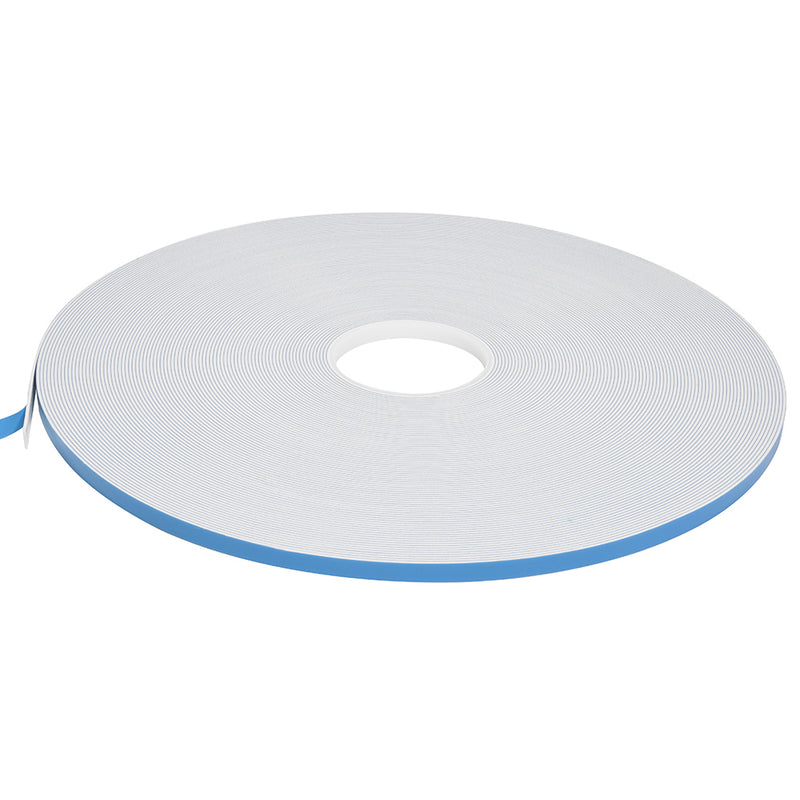 A single roll of white double-sided foam glazing tape with a blue protective liner.