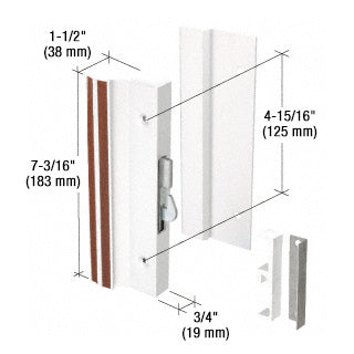 A white aluminum hook-style surface mount handle with dimension callouts showing a 7-3/16 inch body length and 4-15/16 inch mounting hole spacing.