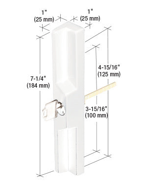 A white surface-mounted aluminum pull and keyed locking unit shown with dimensional technical specifications.