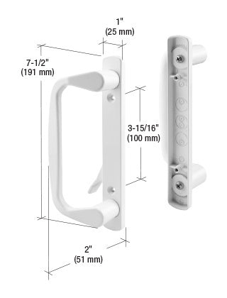A white aluminum mortise-series handle shown from front and side angles with dimension labels for the 7-1/2 inch body and 3-15/16 inch mounting holes.