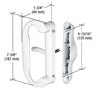 A white aluminum mortise-style handle set shown with dimensional lines indicating a 7-3/8 inch length and 4-15/16 inch mounting hole spacing.