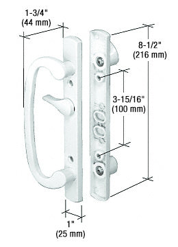 A white aluminum mortise-style handle shown with dimension lines indicating an 8-1/2 inch body length and 3-15/16 inch mounting hole spacing.